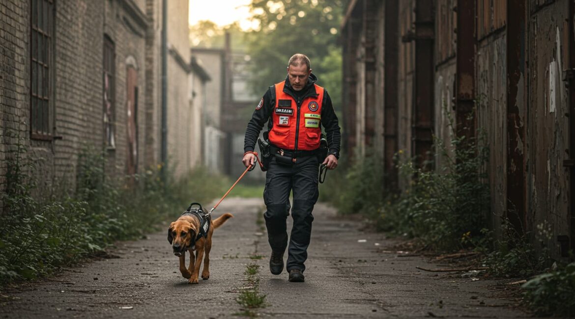 un conduttore con il suo cane da mantrailing al lavoro